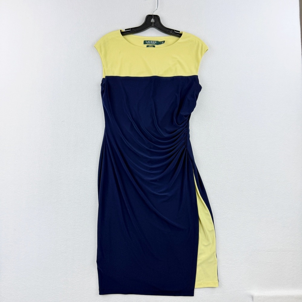 Lauren Ralph Lauren Womens Dress Size 6 Yellow Blue Sheath‎ Ruched Knee Length